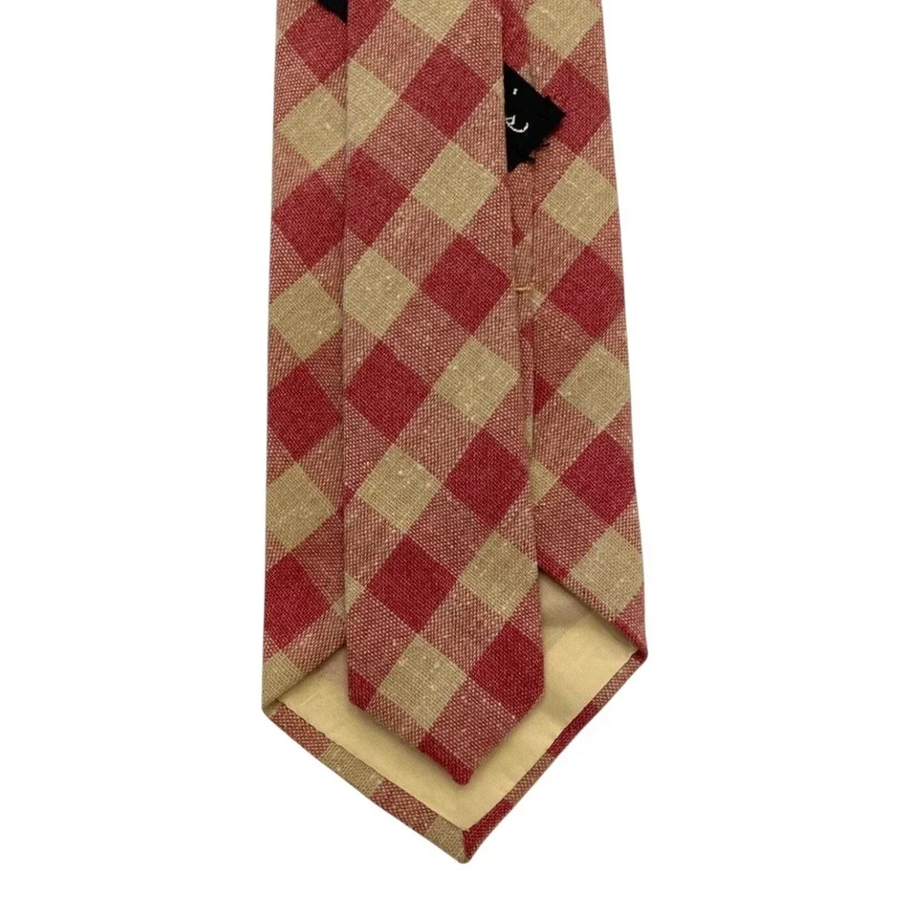 Vintage Vicky Davis Men's Classic Neck Tie Red Beige Check Pattern Silk Blend